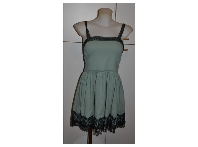 Lanvin Abito Corto in Cotone Verde con Pizzo Nero - vista 2