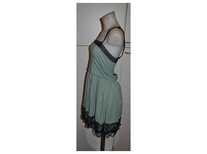 Lanvin Abito Corto in Cotone Verde con Pizzo Nero - vista 3