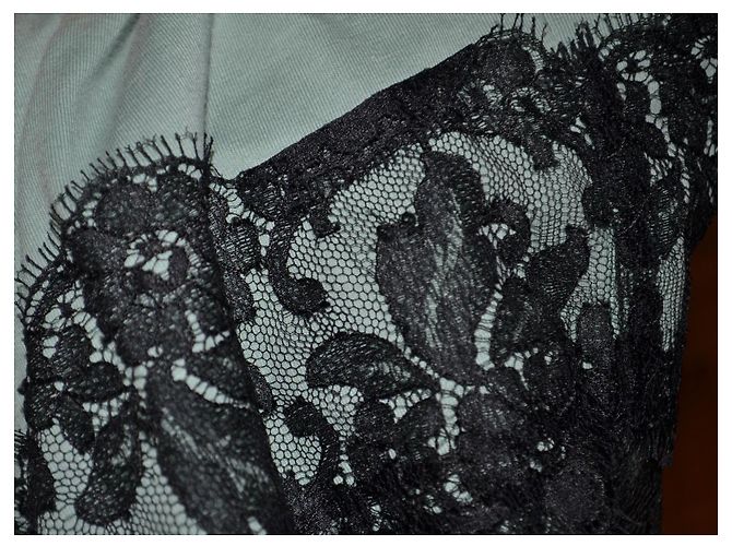 Lanvin Abito Corto in Cotone Verde con Pizzo Nero - vista 6
