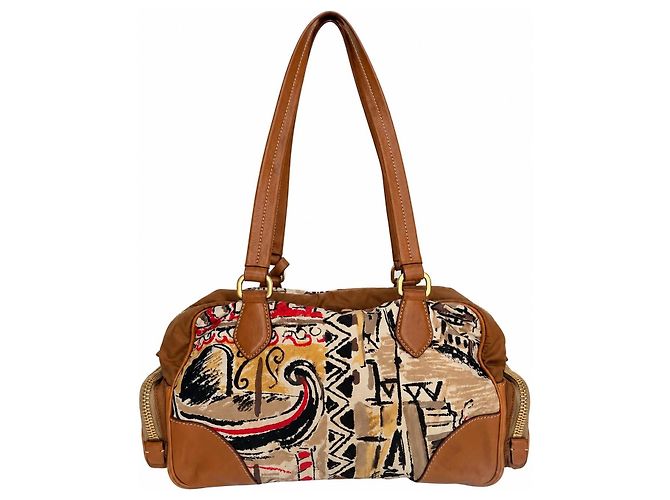 Double Prada Venezia Boston-Tasche aus Leder und Nylon mit Multicolor-Print - Ansicht 2