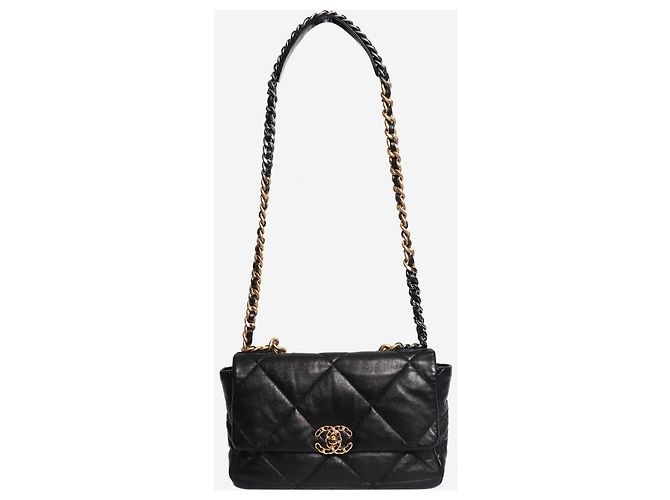 Chanel Bolsa de ombro acolchoada em pele de cordeiro preta 19 com corrente - vista 9