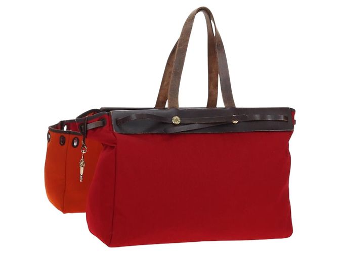 Hermès Borsa a mano HERMES Herbag Cabas MM Canvas Pelle Rosso Oro - vista 25