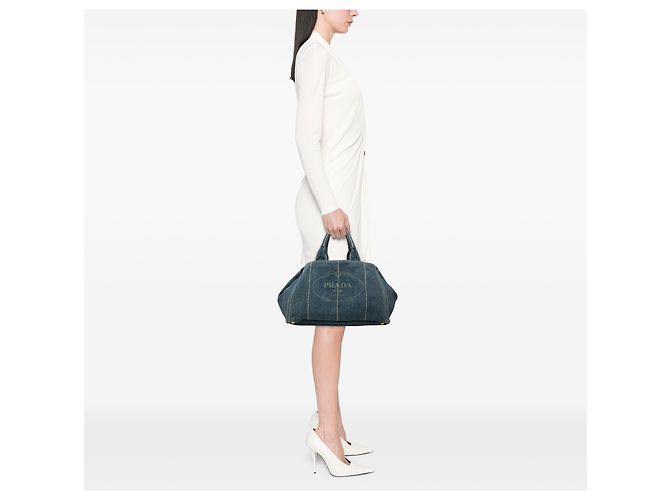 Saco Tote Prada Blue Large Denim Canapa Logo - vista 7