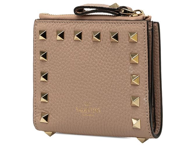 Cartera compacta Rockstud Valentino de piel de becerro granulada marrón - vista 2