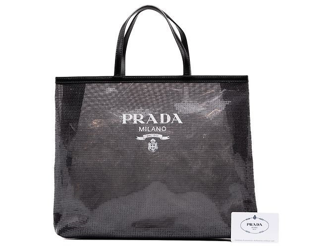 Borsa Tote Prada Large in mesh con paillettes nera con logo - vista 7