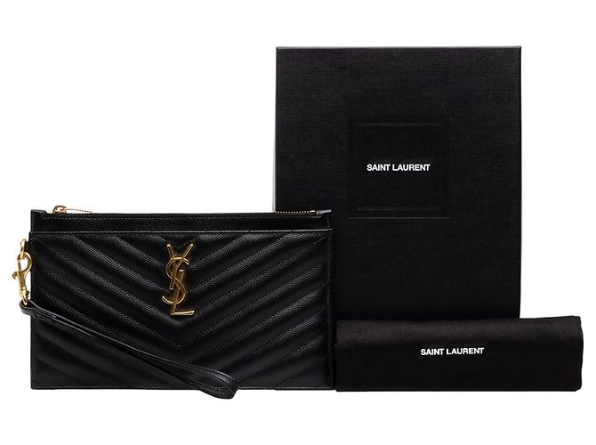 Autre Marque Saint Laurent Black Grain De Poudre Chevron Monogram Bill Pouch - vista 7