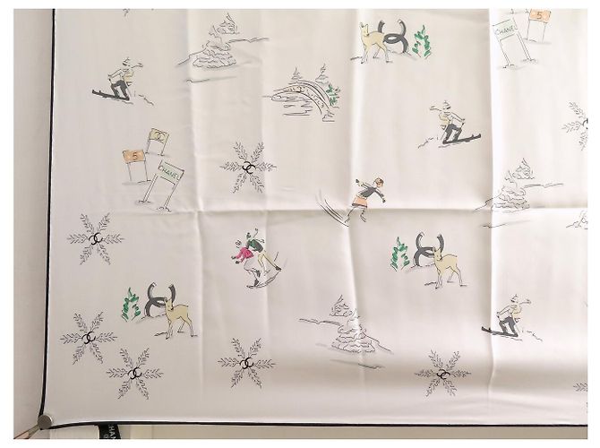 NEU CHANEL SEIDENTWILL-SCHAL SKI SCHNEEFLOCKEN CC LOGO QUADRAT 90 SILK SCARF - Ansicht 5