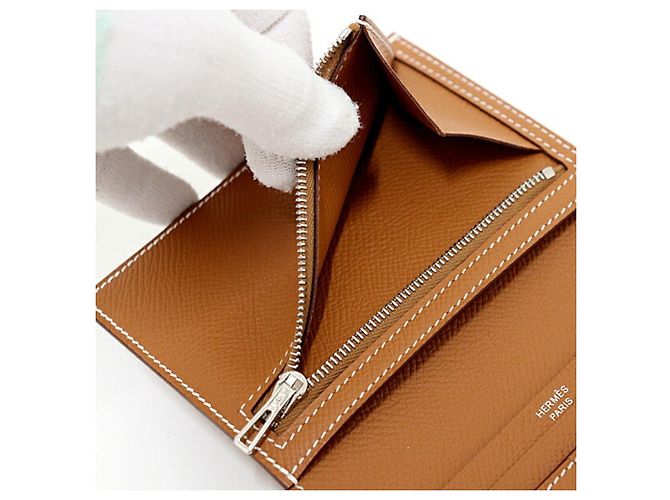 Hermès Portafoglio bi-fold Hermes Bearn Compact in pelle Epsom Gold Brown - vista 5