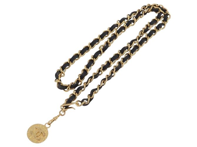 Chanel Vintage Logo Kettengürtel aus Metall und Leder - Ansicht 2