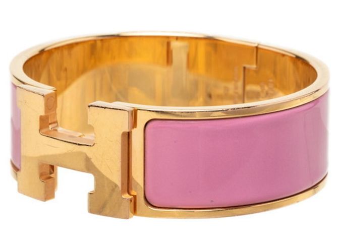Hermès Bracciale Rigido Hermes Clic Clac H PM in Smalto Rosa e Placcato Oro - vista 2