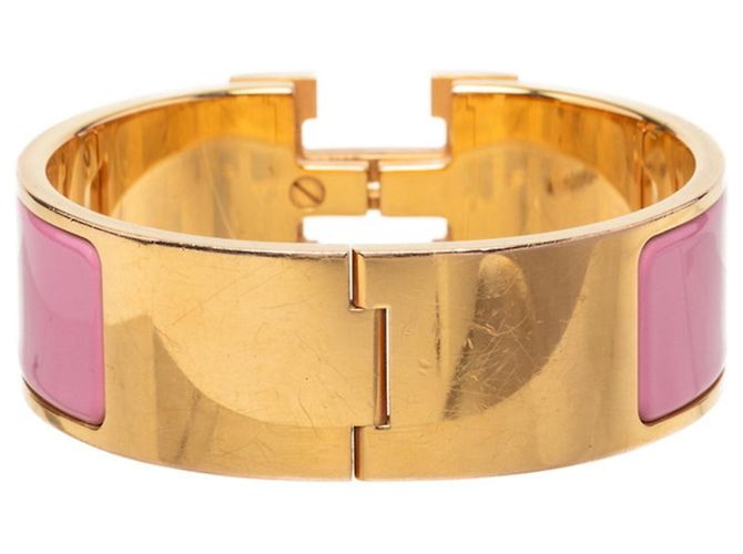 Hermès Bracciale Rigido Hermes Clic Clac H PM in Smalto Rosa e Placcato Oro - vista 3