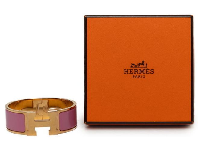 Hermès Bracciale Rigido Hermes Clic Clac H PM in Smalto Rosa e Placcato Oro - vista 5