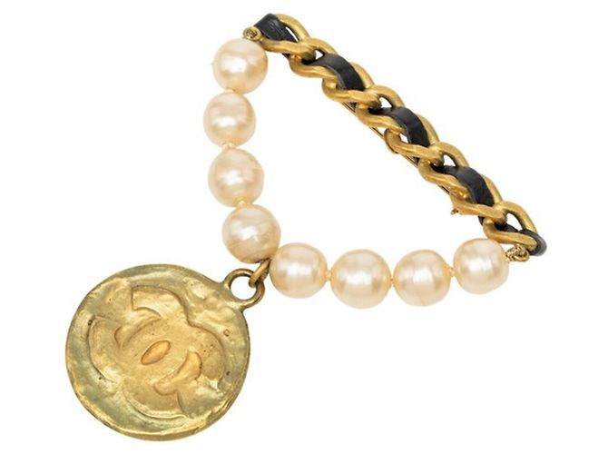 Spilla Vintage Chanel Coco Mark 94A Placcata Oro Perla Sintetica Pelle - vista 2