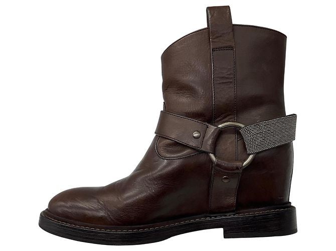 Botines Brunello Cucinelli de cuero marrón envejecido con Monili - vista 3