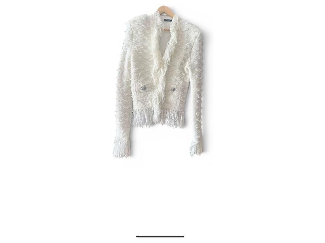 Balmain Jacke aus weißem Tweed mit Fransen und Löwenknöpfen - Ansicht 2