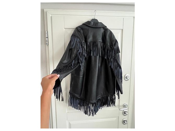 Philosophy di Lorenzo Serafini Schwarze Lederjacke mit Fransen - Ansicht 2