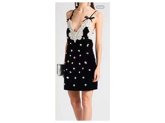 Autre Marque Vivetta Mini-Samtkleid in Schwarz mit Kristallen und Spitze - Ansicht 2