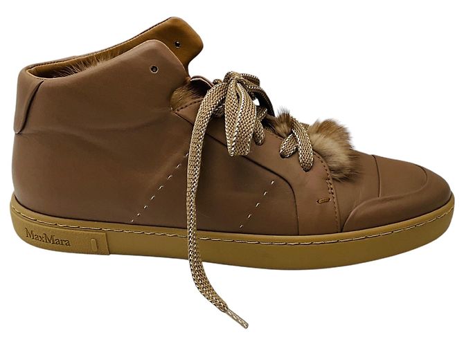 Baskets montantes Max Mara en cuir tan avec bordure en fourrure - vue 2