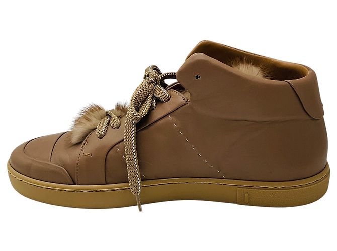 Baskets montantes Max Mara en cuir tan avec bordure en fourrure - vue 3