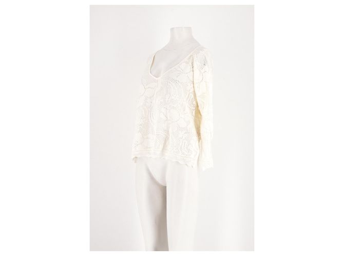 Eric Bompard Weißer Baumwollpullover mit V-Ausschnitt und Blumenmuster - Ansicht 4