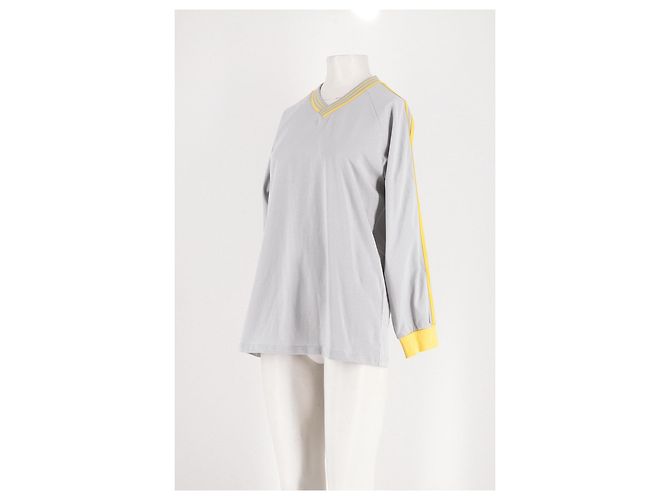 Autre Marque LIONESS Grauer Baumwollpullover mit V-Ausschnitt und gelben Streifen - Ansicht 4