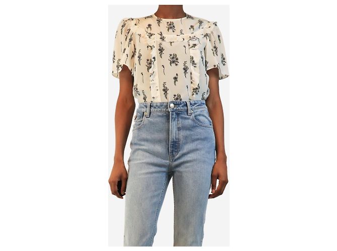 Miu Miu Top de seda floral de manga curta creme - size UK 4 - vista 3