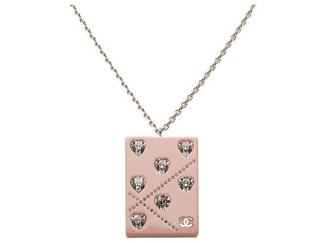 Colar com pingente Chanel Silver CC em latão, strass e placa de acrílico - vista 2