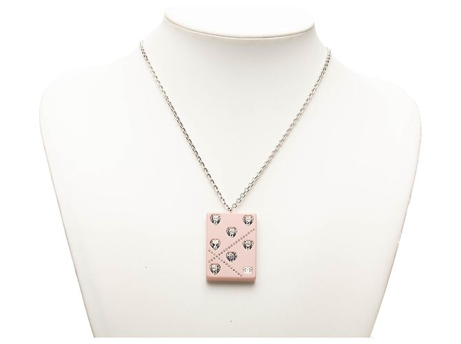 Colar com pingente Chanel Silver CC em latão, strass e placa de acrílico - vista 6