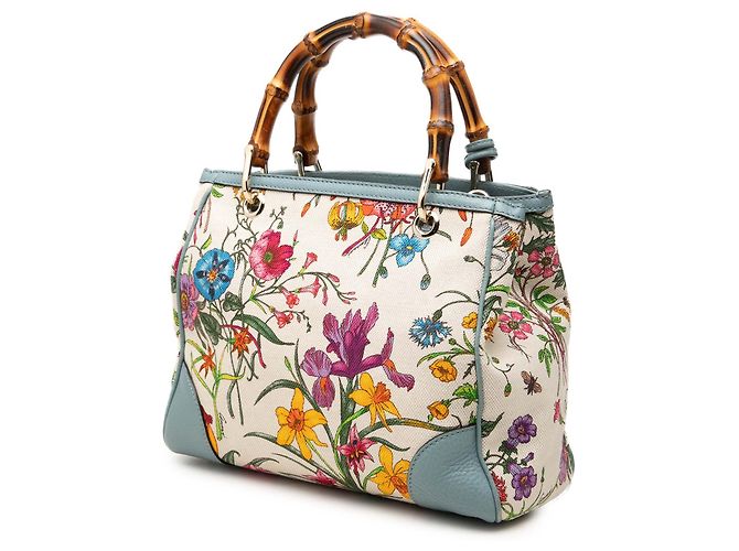 Bolso Gucci White Small Canvas Flora Bamboo Shopper Satchel - vista 2