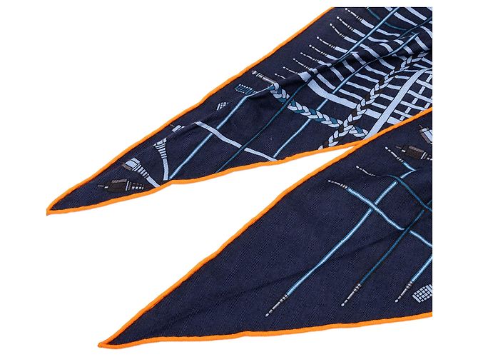 Sciarpa in cashmere e seta Hermès Blue Unplugged con frange 90 - vista 7