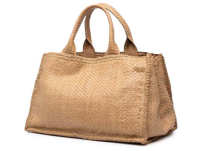 Prada Tote Shopping Grande em Pele de Cabra Trançada Madras Castanha - vista 2