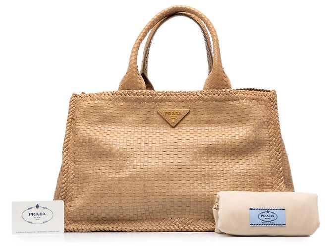 Prada Tote Shopping Grande em Pele de Cabra Trançada Madras Castanha - vista 7