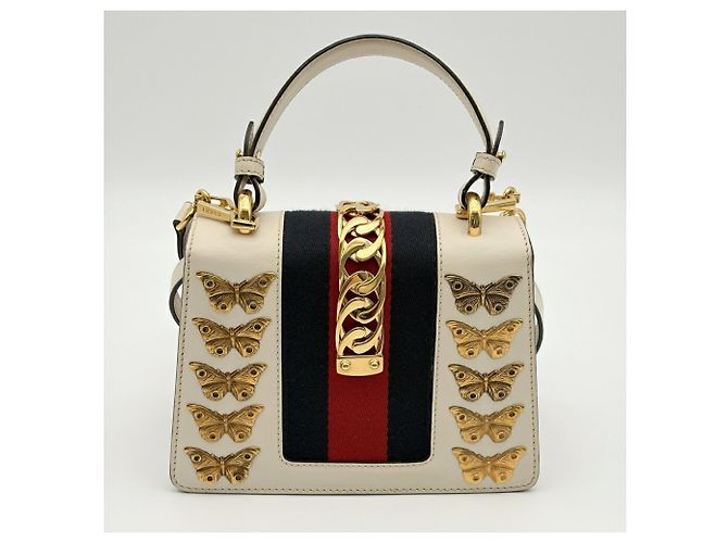 Sac à main Gucci Sylvie Cuir Toile Bleu Marine Rouge Blanc - vue 3