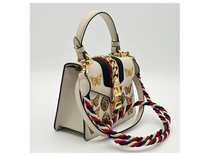 Sac à main Gucci Sylvie Cuir Toile Bleu Marine Rouge Blanc - vue 4