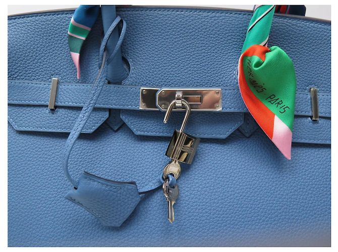 Hermès BORSA A MANO HERMES BIRKIN 35 NUOVA PELLE TAURILLON CLEMENCE BLU & TWILLY - vista 8