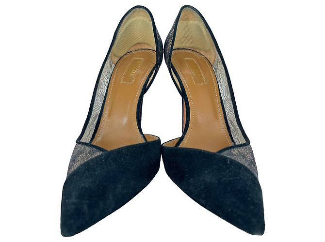 Décolleté Aquazzura in camoscio nero con mesh, pizzo e decorazioni - vista 3