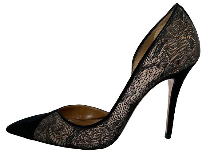 Décolleté Aquazzura in camoscio nero con mesh, pizzo e decorazioni - vista 8