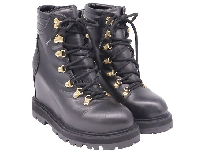 Moncler Lace-up Wedge Boots in Black Leather - view 3