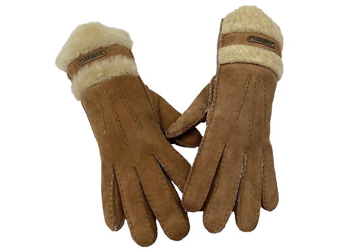 UGG Shearling-Handschuhe aus braunem Leder mit Logo-Plakette - Ansicht 10
