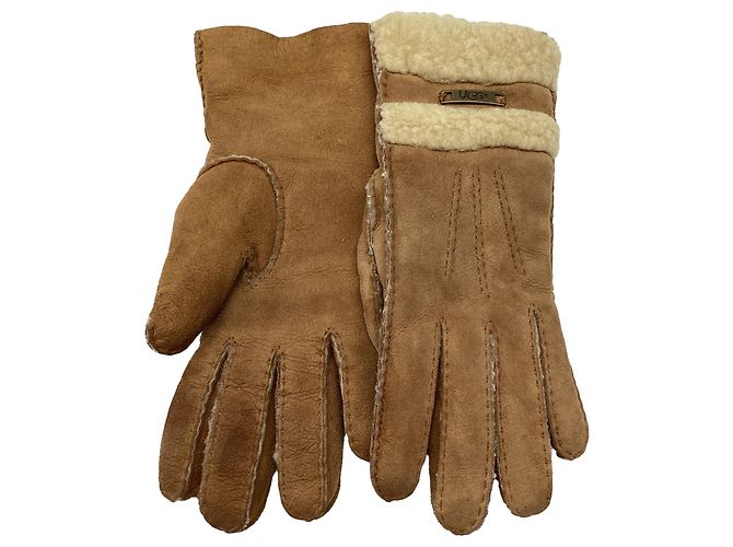 UGG Shearling-Handschuhe aus braunem Leder mit Logo-Plakette - Ansicht 6