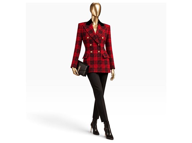 Autre Marque Saint Laurent Blazer Xadrez Vermelho em Lã e Seda - vista 3