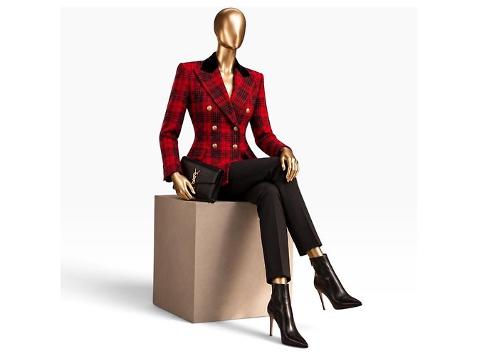 Autre Marque Saint Laurent Blazer Xadrez Vermelho em Lã e Seda - vista 4