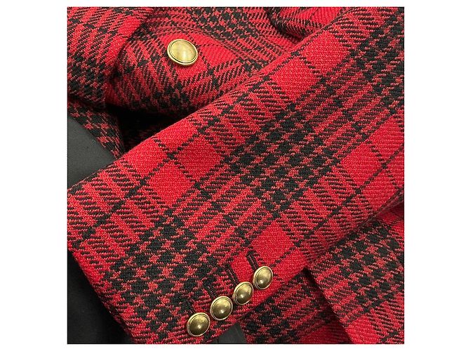 Autre Marque Saint Laurent Blazer Xadrez Vermelho em Lã e Seda - vista 9