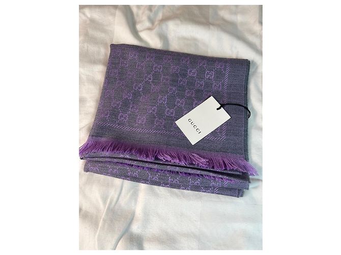 Sciarpa Gucci GG Supreme in lana viola e grigia - vista 6