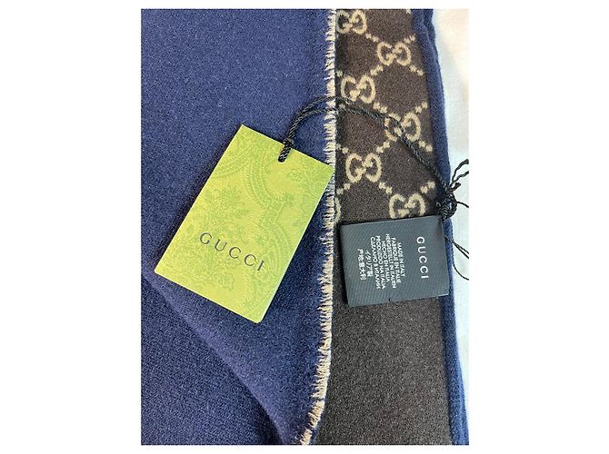 Sciarpa Gucci GG Supreme in lana blu navy e marrone - vista 2