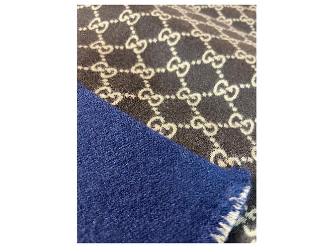 Sciarpa Gucci GG Supreme in lana blu navy e marrone - vista 3