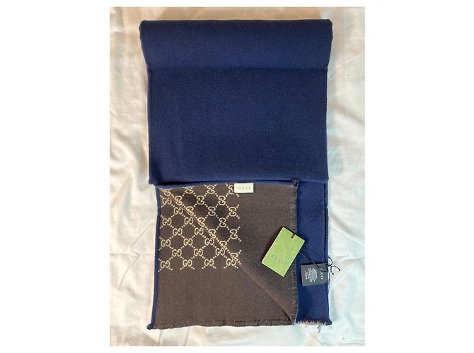 Sciarpa Gucci GG Supreme in lana blu navy e marrone - vista 4