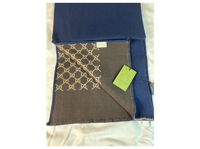 Sciarpa Gucci GG Supreme in lana blu navy e marrone - vista 5