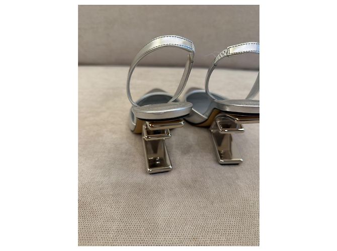 Fendi First Metallic Silver Leather Slingback Pumps - view 4