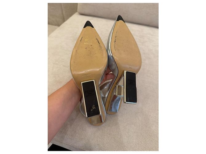 Fendi First Metallic Silver Leather Slingback Pumps - view 9